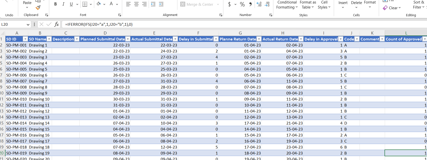 Shop Drawing Log excel template